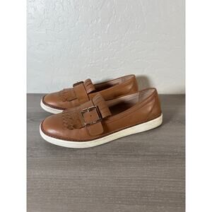 Vionic Sunny Cambridge Loafer Wms 7 Tan Leather Kilte Slip On Buckle Preppy EUC